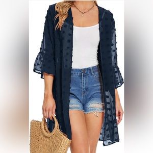 Elesol Blue Swiss Dot Sheer Long Chiffon Swimsuit Coverup Kimono Large NWT NEW